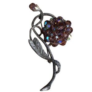 Vintage Purple Aurora Borealis Crystal Gold Tone Rhinestone Flower & Bud Brooch